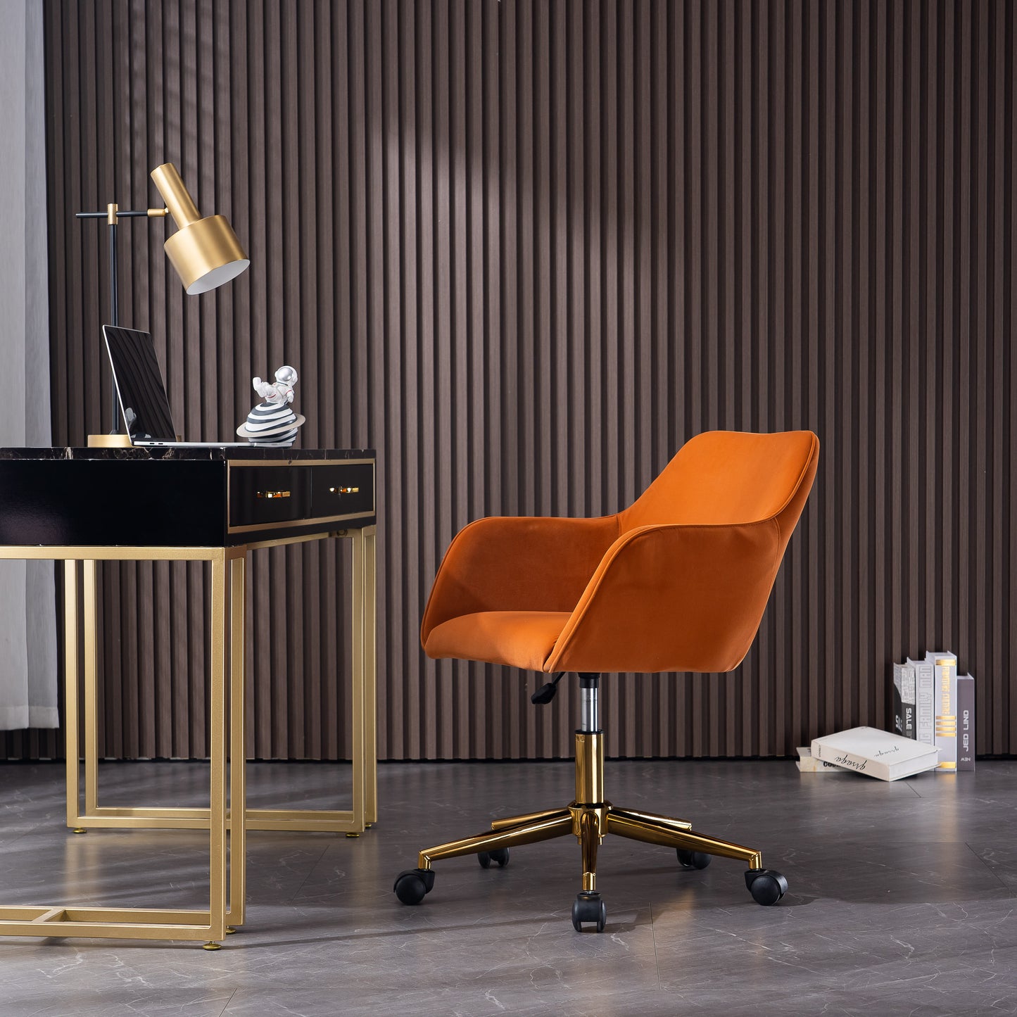 Neuer höhenverstellbarer Drehstuhl aus Samtstoff für das Büro im Innenbereich mit goldenen Beinen,Orange