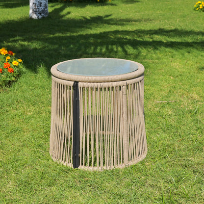 Gartenlounge-Set, Gartenmöbel-Set, Gartenlounge mit Eisengestell und beigem Seilbezug, Gartenmöbel aus gewebtem Seil für den Außenbereich, L-förmiges Gesprächsset mit Tisch, Beige