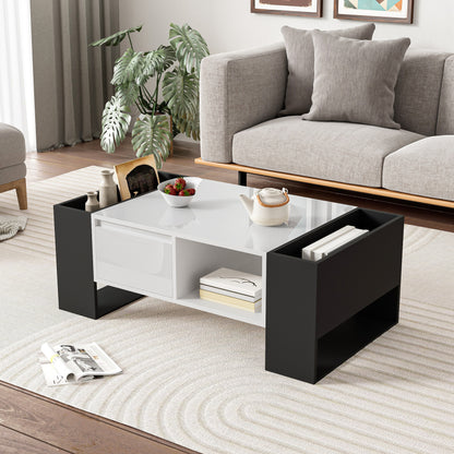 Moderner Couchtisch 105 x 60 x 40,5 cm – Schwarz-Weiß-Design mit hochglänzender Oberfläche, Schublade und 4 offenen Fächern