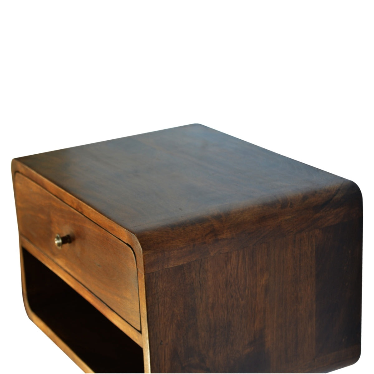 Schwebender Nachttisch aus massivem Mangoholz – Kastanienbraun, Curved Design, 1 Schublade & Fach, Handgefertigt, Fertig montiert, 45x32x25 cm
