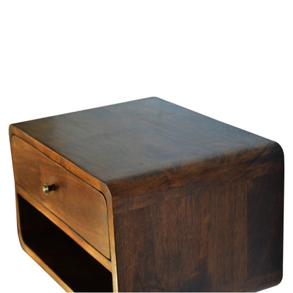 Schwebender Nachttisch aus massivem Mangoholz – Kastanienbraun, Curved Design, 1 Schublade & Fach, Handgefertigt, Fertig montiert, 45x32x25 cm