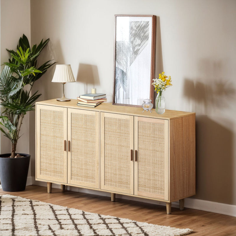 158CM Elegant and Functional 4-Door Rattan Decorative Storage Cabinet,for Bedroom,Living Room,Office;158CM Eleganter und funktioneller 4-türiger Rattan Schrank für Schlafzimmer, Wohnzimm