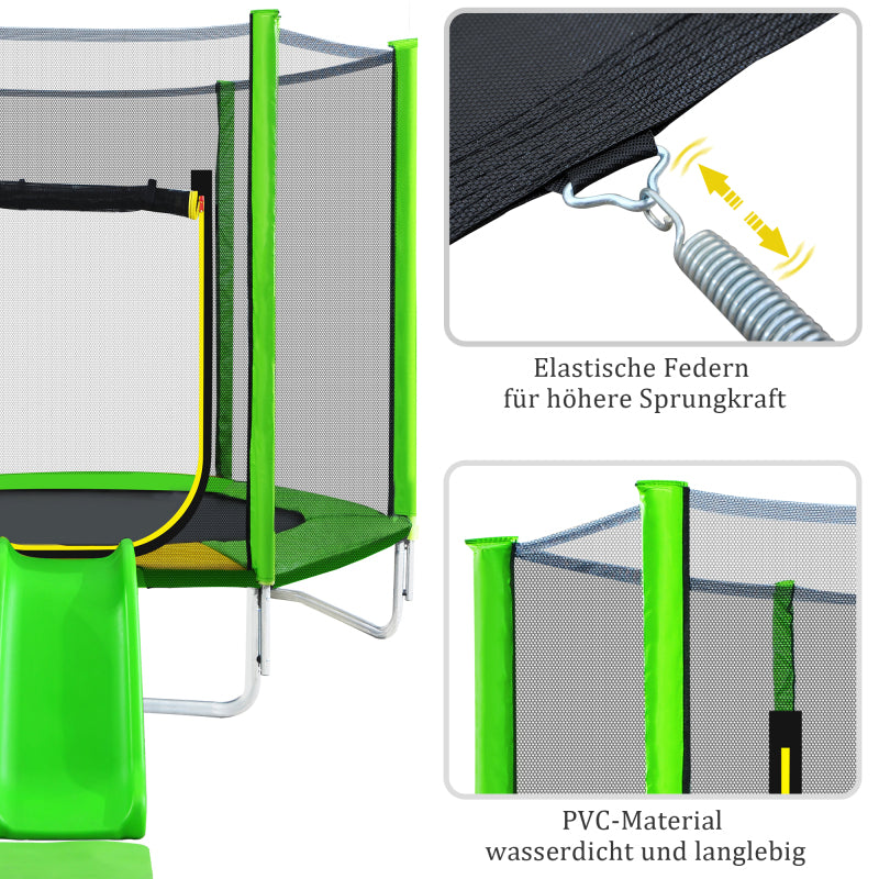 Kinder Trampolin Outdoor Ø 213 cm Gartentrampolin mit Rutsche, Leiter, Netz, Doppeltür und Gepolsterten Stangen,TÜV Zertifiziert,bis 100 kg
