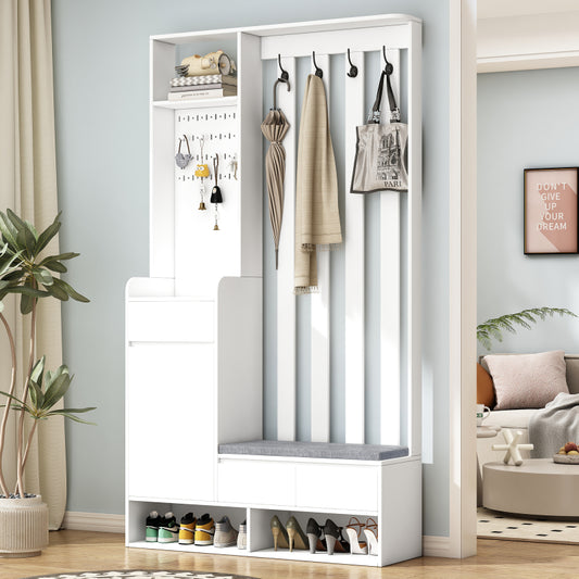 Flurgarderobe mit gepolsterter Aufbewahrungsbank, multifunktionaler Flur-Schuhschrank mit Stecktafel, moderne Garderobe mit 4 Haken für Eingangsbereich, Waschküche, Weiß,H180/B100/T35 cm