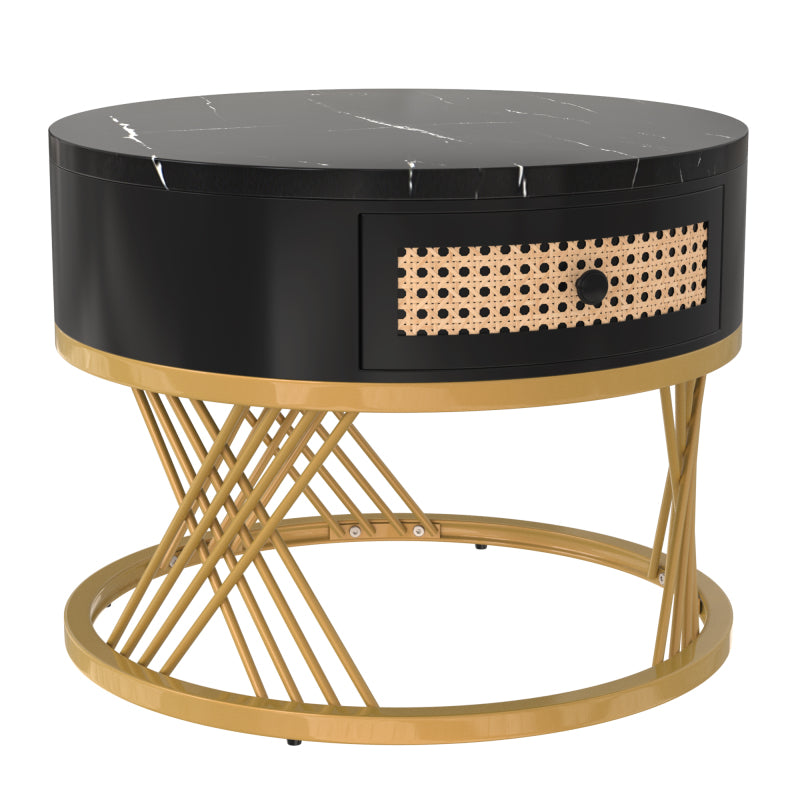 2 in 1 Runder Couchtisch aus MDF, Beistelltisch mit Tischplatte aus Marmor und Schubladen aus Kunststoff-Rattan, Griffe aus Massivholz. goldene Eisenfüße. 70*70*45,5+50*50*38,5cm