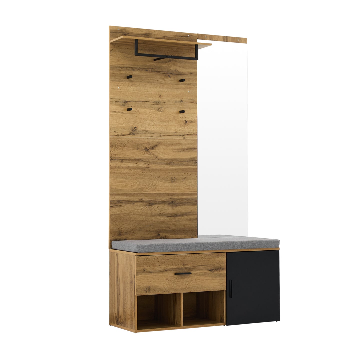 Garderoben Set in Holzoptik mit Spiegel, Schuhbank (104 x 39 cm) mit Polster, Schuhschrank, Schublade, Regal, Kleiderhaken – Praktisches Design für den Eingangsbereich