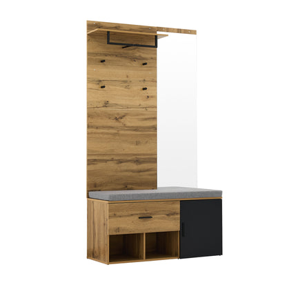 Garderoben Set in Holzoptik mit Spiegel, Schuhbank (104 x 39 cm) mit Polster, Schuhschrank, Schublade, Regal, Kleiderhaken – Praktisches Design für den Eingangsbereich