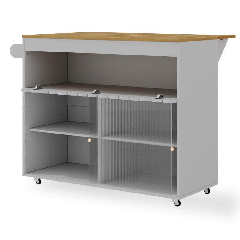 122 x 46(69) x 91cm, klappbarer Kücheninselwagen, Arbeitsplatte aus Eichenholzfurnier, Schiebetüren aus gehärtetem Glas, verstellbare Einlegeböden, Handtuchhalter, großer Kücheninselwagen