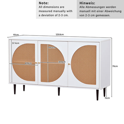 Sideboard mit 3 Rattan verzierten Türen Kommode Highboard mit Metallgriffe, für Schlafzimmer & Wohnräume & Büro, Weiß,129.8x 40x 76cm