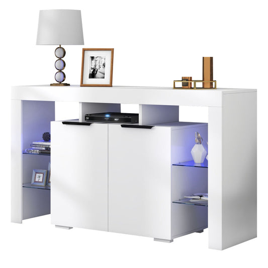 Hochglanz-LED-Sideboard, Küchenschrank, Schrank, Buffet-Aufbewahrung, Servertisch mit LED-Leuchten, Hochglanz-Buffetschrank mit 4 Glasböden und 2 Tür, Vitrine für Wohnzimmer, Eingangsbereich