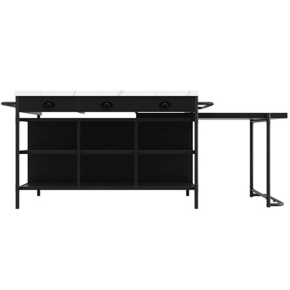 Kücheninseln, Ausziehbare Kunstmarmorplatte Industrial mit 3-Schubladen, Multifunktionales Küchen- und Esszimmer-Möbel, Kücheninsel Küchenregal Küchewagen Sideboard, MDF Arbeitsplatte Küche Regal