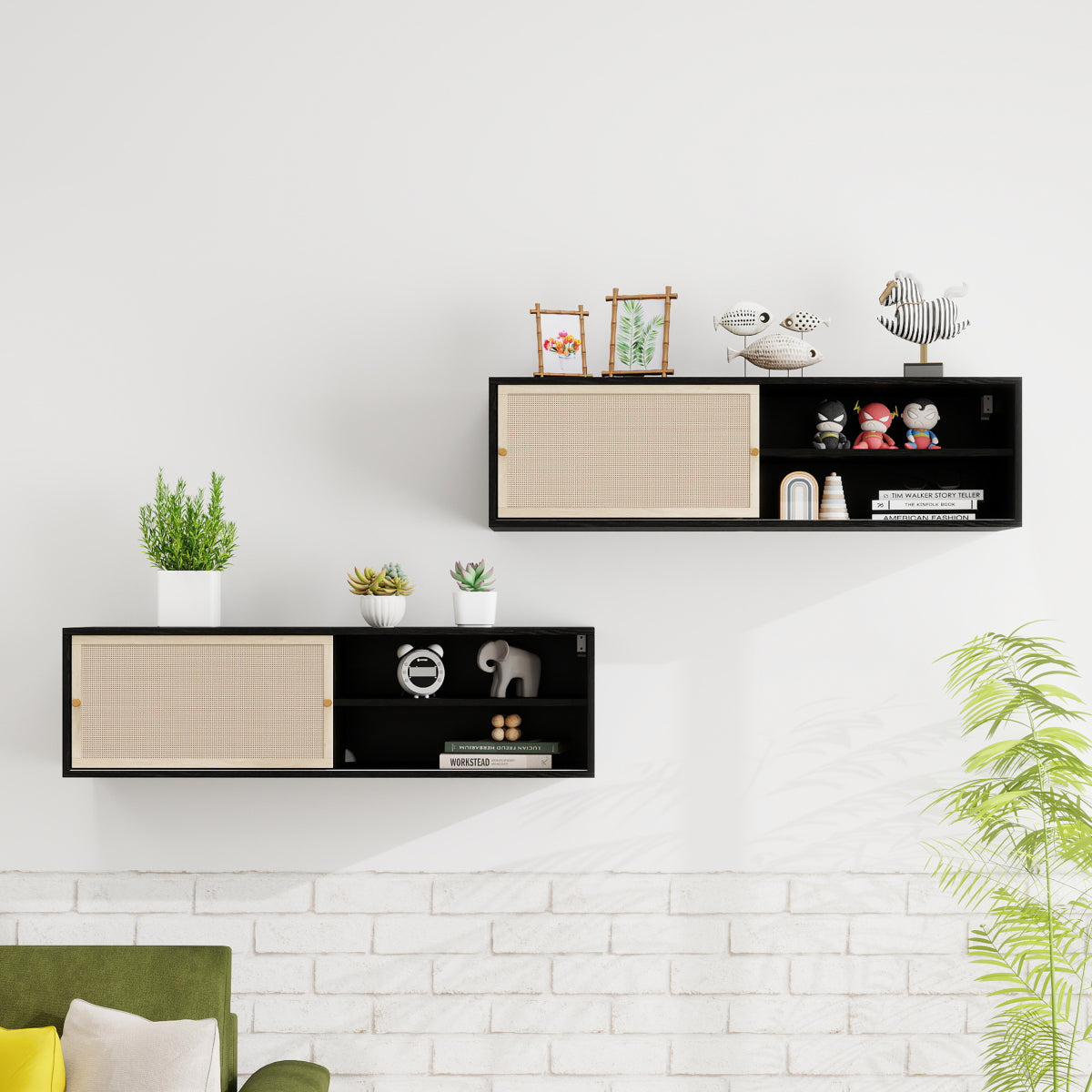 Sideboard 110x40x31 cm, TV-Schrank oder Hängeschrank, Kunst-Rattan Schiebetüren, Goldgriffe, Verstellbare Böden