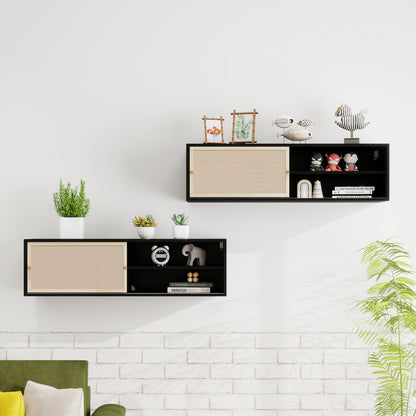 Sideboard 110x40x31 cm, TV-Schrank oder Hängeschrank, Kunst-Rattan Schiebetüren, Goldgriffe, Verstellbare Böden