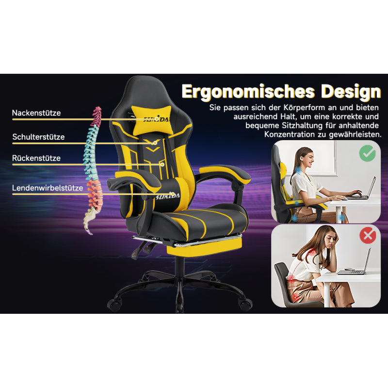 Gaming Stuhl Computerstuhl Ergonomischer Gaming Chair mit Fußstütze Bürostuhl Ergonomischer Computerstuhl mit Lendenwirbelstütze Blackyellow