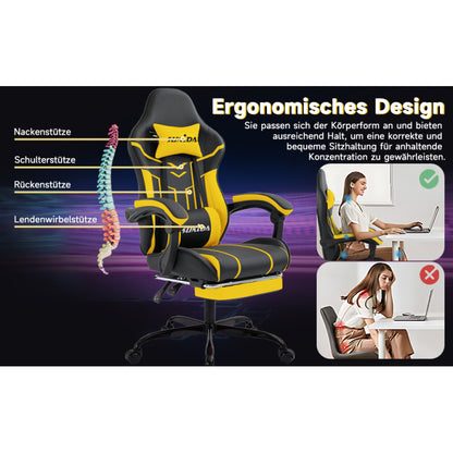 Gaming Stuhl Computerstuhl Ergonomischer Gaming Chair mit Fußstütze Bürostuhl Ergonomischer Computerstuhl mit Lendenwirbelstütze Blackyellow