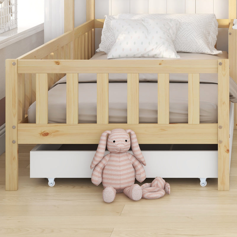 Kinderbett Hausbett mit Schubladen und Regalen, Massivholz mit Zaun und Lattenrost, L-Struktur, Natur (90x200 cm+140x70cm)
