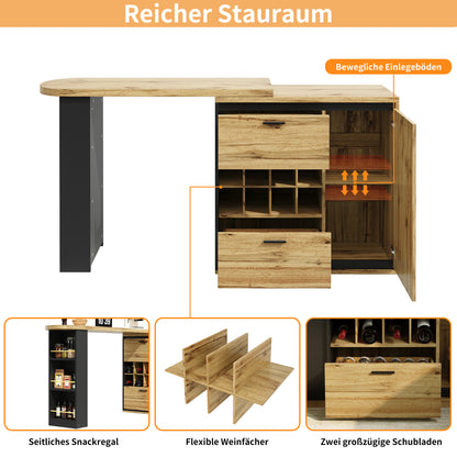 Ausziehbarer Bartisch 138-220cm Küchentisch mit Weinregal & 2 Schubladen, Stehtisch Natur Holzoptik, Multifunktionale Kücheninsel