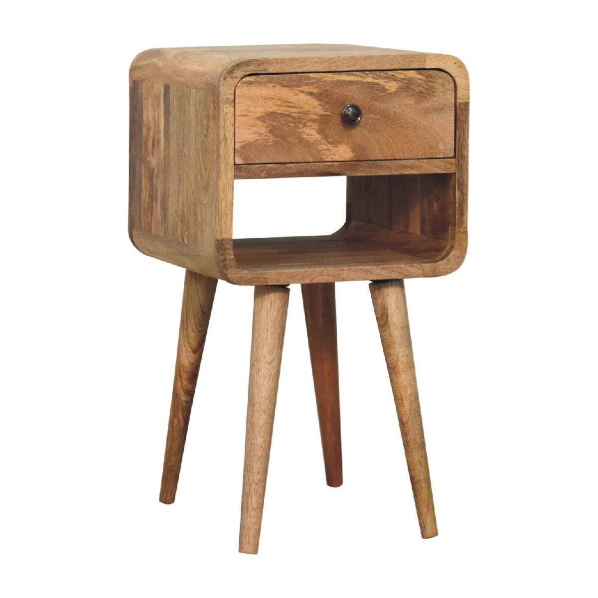 Nachttisch aus massivem Mangoholz im skandinavischen Design mit Schublade – Handgefertigt, Oak-ish Finish, Nachhaltig, 30x30x55 cm