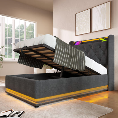 Polsterbett einzelbett,360-Surround-LED-Funktion, Drucktaste/App/Fernbedienung,90*200 cm, Grau Leinen-Material Hydraulisches Lagerbett, gepolstertes Kopfteil mit USB Typ-C Ladefunktion (Ohne Matratze)