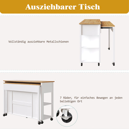 Kücheninsel mit Rollen & ausziehbarer Platte, Servierwagen Weiß/Holzoptik, 120cm Sideboard mit 7 Rollen, 2 Schubladen & verstellbaren Regalen