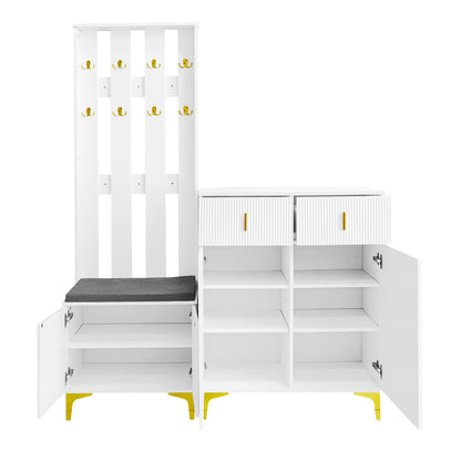 Garderoben-Set mit Schuhschrank & Sitzbank, Wellenfront, Push-to-Open, goldene Details, Weiß