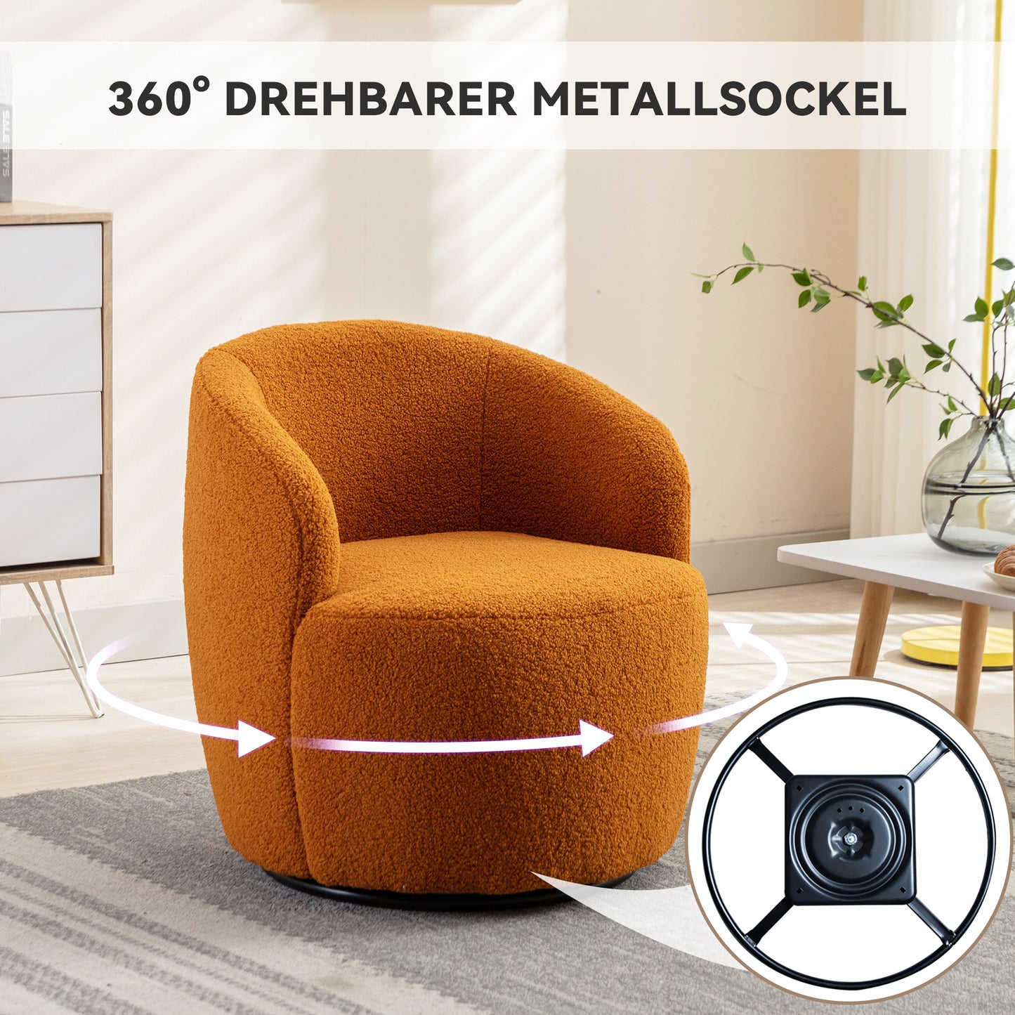 Drehbarer Akzentsessel aus weichem Teddy-Stoff mit Fassstuhl und schwarzem Pulverbeschichtungs-Metallring, Orange