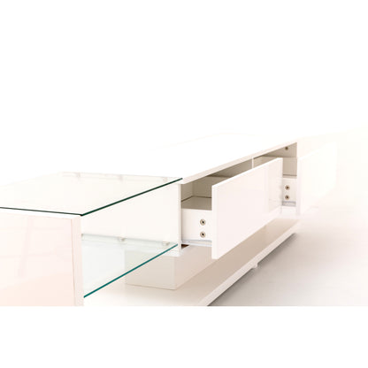 TV-Schränke, niedrige Paneele, hochglänzende weiße Glastrennwände und variable LED-Beleuchtung. Es verbindet natürlichen, rustikalen Stil mit modernem Design.