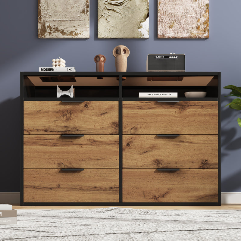Kommode Sideboard aus Bernstein Glas, Sideboard mit Metallgriffen, Kommode mit 6 Schubladen und 2 Fächern , kippsicher, 120 x 40 x 80 cm, Eiche