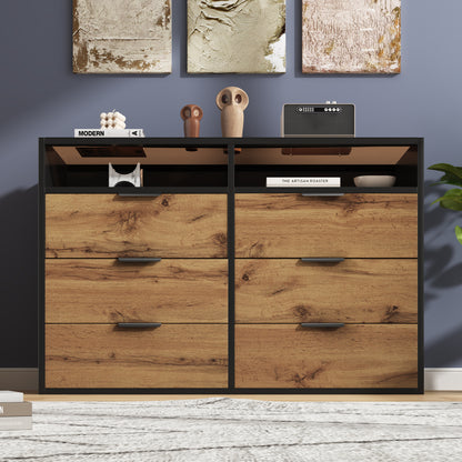 Kommode Sideboard aus Bernstein Glas, Sideboard mit Metallgriffen, Kommode mit 6 Schubladen und 2 Fächern , kippsicher, 120 x 40 x 80 cm, Eiche