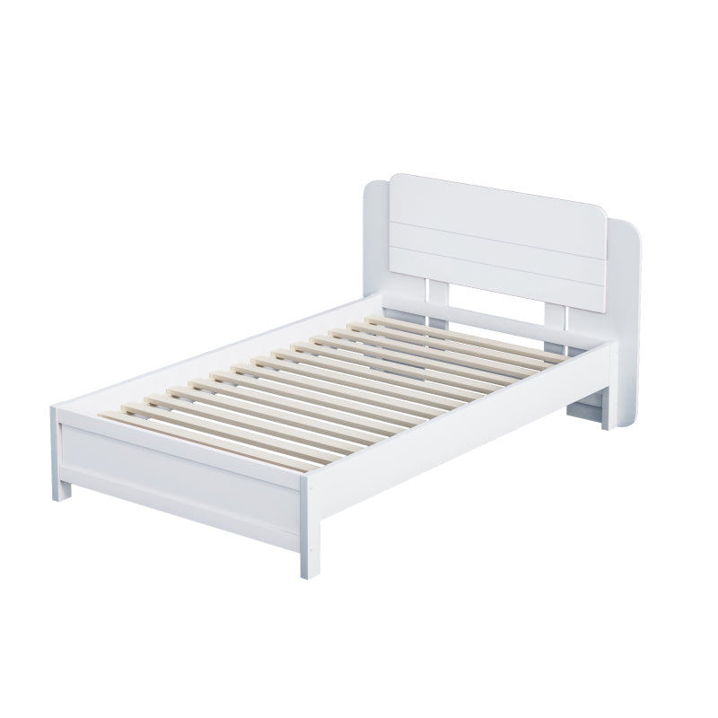Holzbett 90*200 cm , Einzigartige und Minimalistische Form, Kopfteil mit Liniendesign, Kindereinzelbett, Weiß