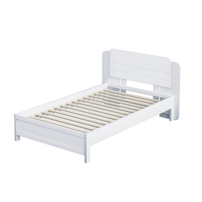 Holzbett 90*200 cm , Einzigartige und Minimalistische Form, Kopfteil mit Liniendesign, Kindereinzelbett, Weiß