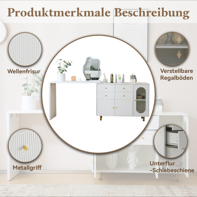Schminktisch, Kosmetiktisch-Set mit Spiegel und Beleuchtung, ausziehbare Tischplatte, links-rechts wechselbar, 3-farbige LED-Beleuchtung, Maße: B100/H74.5/T40 cm (ohne Hocker)