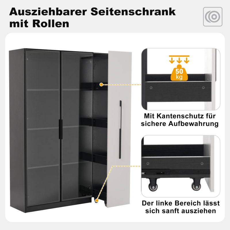 Multifunktionsschrank 110,5x35x160 cm, Schwarz-Weiß: Moderne Vitrine mit Glastür, LED, Seitenauszug, Rollschrank, ideal für Bücher, Bad, Esszimmer.