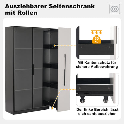 Multifunktionsschrank 110,5x35x160 cm, Schwarz-Weiß: Moderne Vitrine mit Glastür, LED, Seitenauszug, Rollschrank, ideal für Bücher, Bad, Esszimmer.