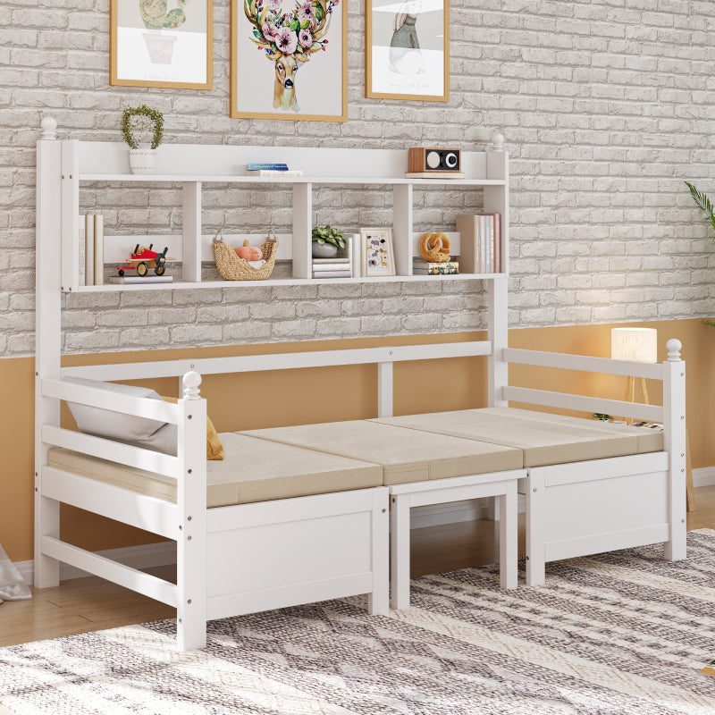 Multifunktionales Massivholz Schlafsofa 200x90 cm, 2-in-1 Bett und Schreibtisch, Frei Umbaubar, Mit Bücherregal Zur Aufbewahrung, Mit Bequemen Kissen, Gästebett Einzelholzbett, Weiß