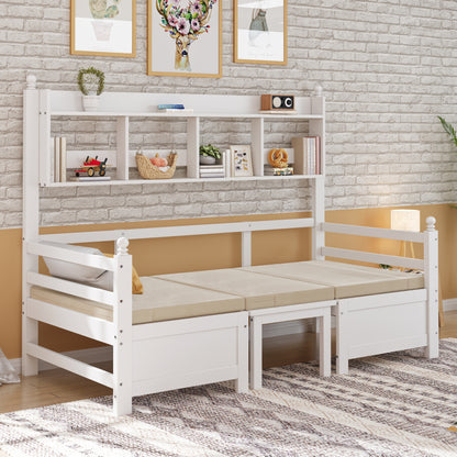 Multifunktionales Massivholz Schlafsofa 200x90 cm, 2-in-1 Bett und Schreibtisch, Frei Umbaubar, Mit Bücherregal Zur Aufbewahrung, Mit Bequemen Kissen, Gästebett Einzelholzbett, Weiß