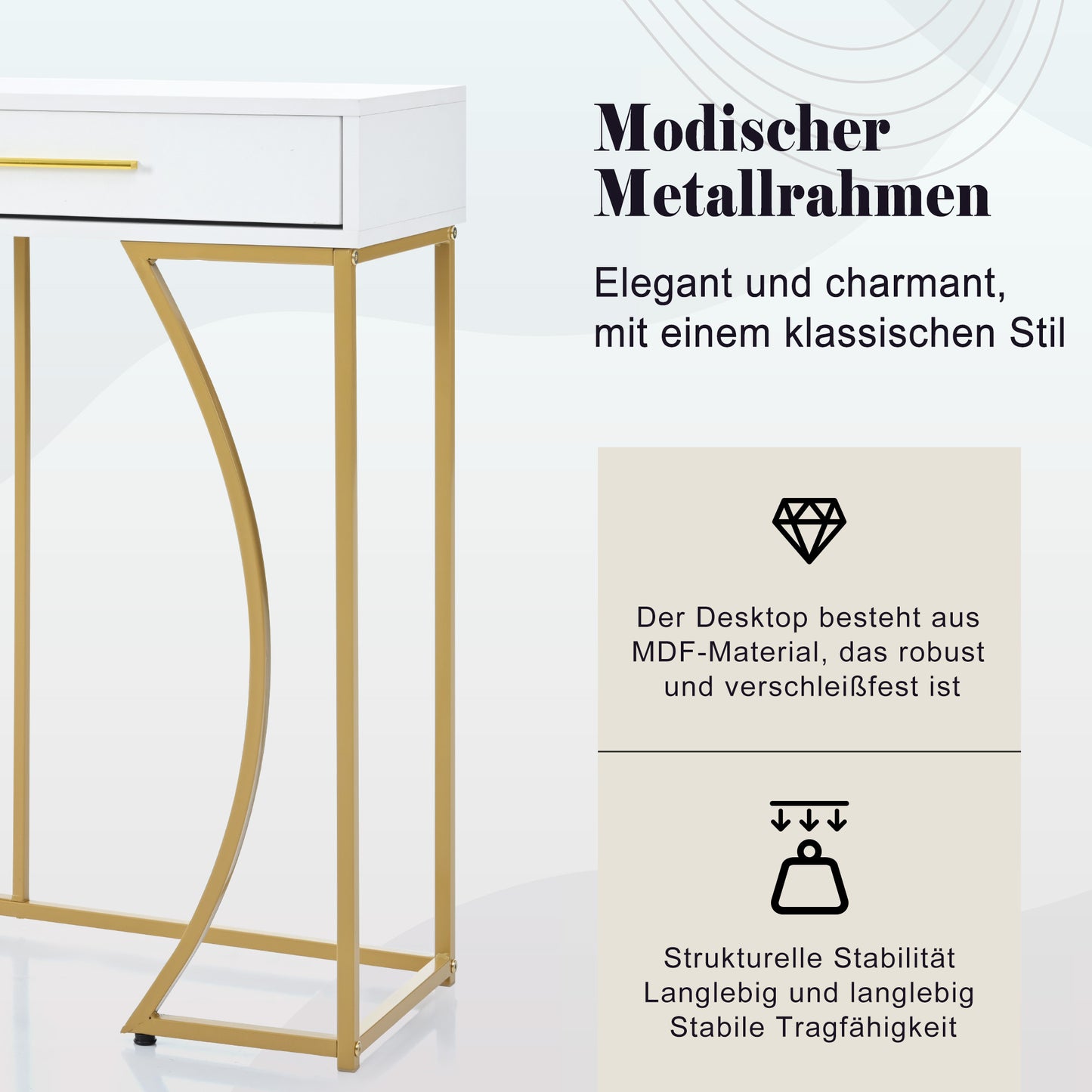 Konsolentisch,Flurtisch mit 2 Schublade ,Leichter Luxus-Stil Beistelltisch, Weiß/Gold