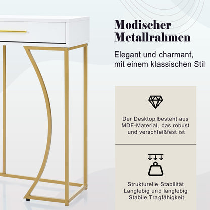 Konsolentisch,Flurtisch mit 2 Schublade ,Leichter Luxus-Stil Beistelltisch, Weiß/Gold