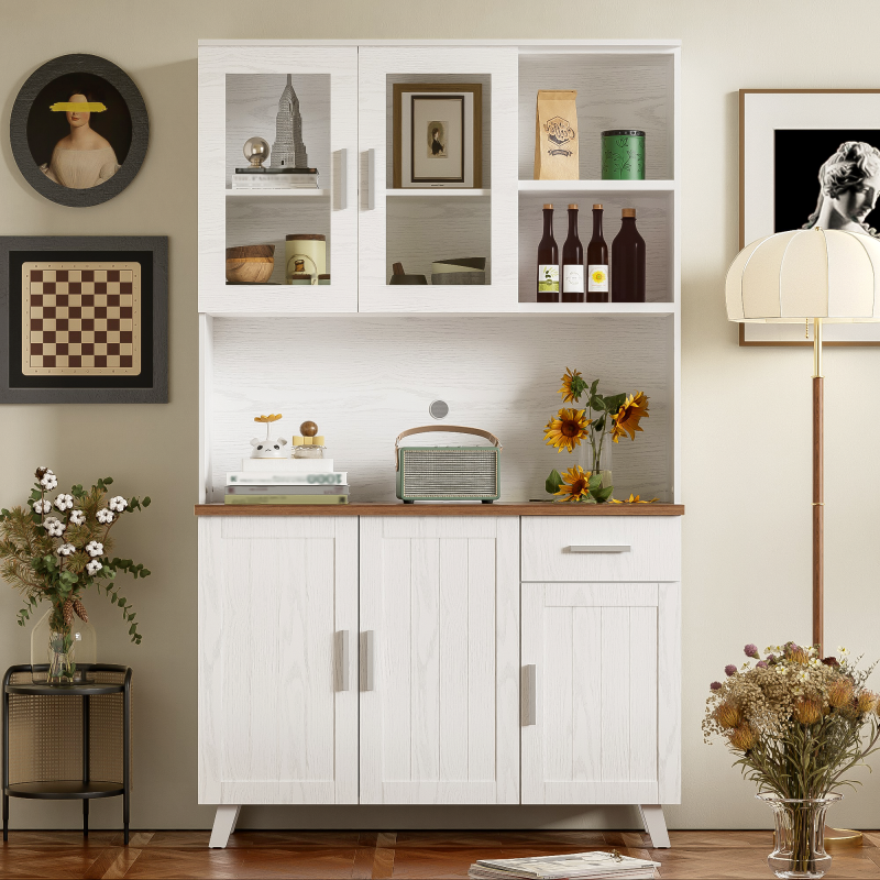 Sideboard, Weißer Holzmaserung-Hochschrank 114 x 40 x 190 cm, geeignet für Wohnzimmer und Esszimmer