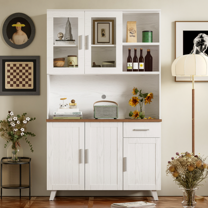 Sideboard, Weißer Holzmaserung-Hochschrank 114 x 40 x 190 cm, geeignet für Wohnzimmer und Esszimmer