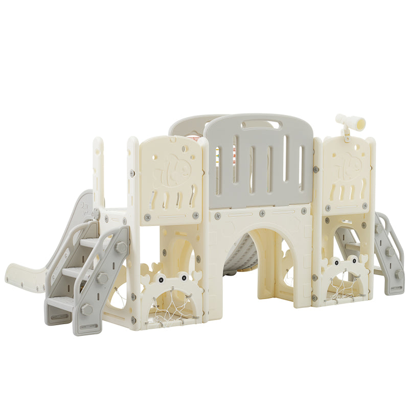 Kinderspielplatz-Set 8-in-1, Freistehendes Meerestier-Motiv-Set mit Rutsche, Bogentunnel, Basketballkorb und Teleskop, Doppelte Rutschen für Kleinkinder, Klettergerüst für Kinder