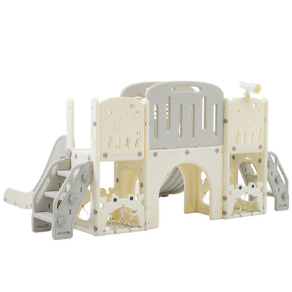 Kinderspielplatz-Set 8-in-1, Freistehendes Meerestier-Motiv-Set mit Rutsche, Bogentunnel, Basketballkorb und Teleskop, Doppelte Rutschen für Kleinkinder, Klettergerüst für Kinder