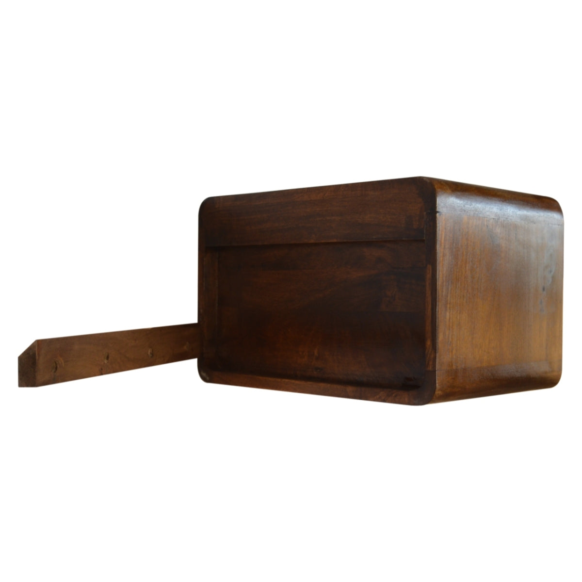 Schwebender Nachttisch aus massivem Mangoholz – Kastanienbraun, Curved Design, 2 Schubladen, Handgefertigt, Wandmontage, 45x32x25 cm