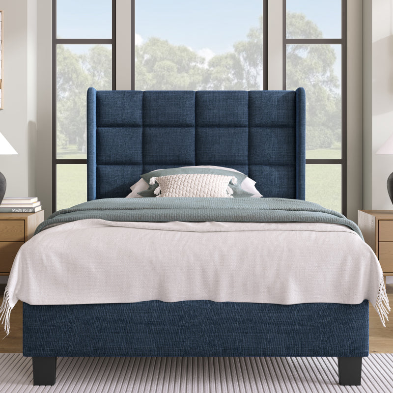 Modernes Design Polsterbett Mit seinem gepolstertes Kopfteil Einzelbett mit Lattenrost, 90x200cm ,in Blau Leinen, mittelfest (Ohne Matratze)