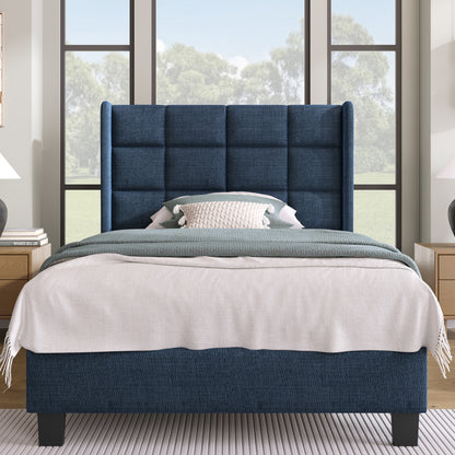 Modernes Design Polsterbett Mit seinem gepolstertes Kopfteil Einzelbett mit Lattenrost, 90x200cm ,in Blau Leinen, mittelfest (Ohne Matratze)