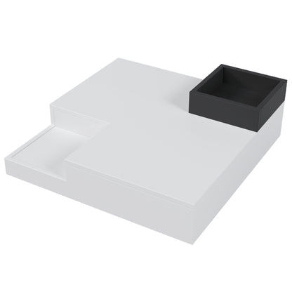 Couchtisch, Hochglanz-Wohnzimmertisch, Beistelltisch mit abnehmbarer Aufbewahrungsbox, Farbblockweiß und Schwarz, 72*72*30 cm, Mit LED-Lichteffekt