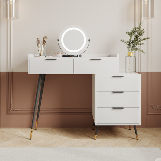 Weißer Schminktisch(Ohne Stühle), Enthält ausziehbare Seitenschränke, mit Spiegel einstellbare Helligkeit, mit 5 Schubladen, Großer Frisierkommode Schlafzimmermöbel Vanity, Weiß