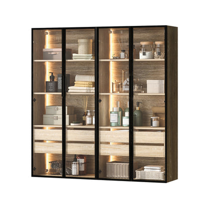 2er-Set  Badezimmerschrank, mittel, mit Lichtleiste, 73 cm breit, mit 2 großen Schubladen und 2 Türen, Glastür