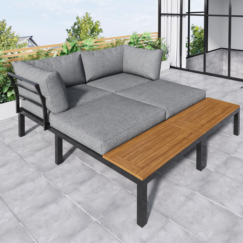 Garten-Lounge-Set (2 Zweisitzer, 2 Beistelltische, 1 Tisch), Tischplatte aus massiver Akazie, Stoffbezug für Rückenlehne, grau(previous sku:HW00005AAE)