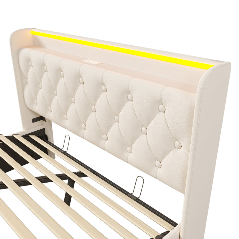 Polsterbett Doppelbett, 360-Surround-LED-Funktion, Drucktaste/App/Fernbedienung, 160*200 cm, weiß PU-Material Hydraulisches Lagerbett, gepolstertes Kopfteil mit USB Typ-C Ladefunktion (Mit Matratze)